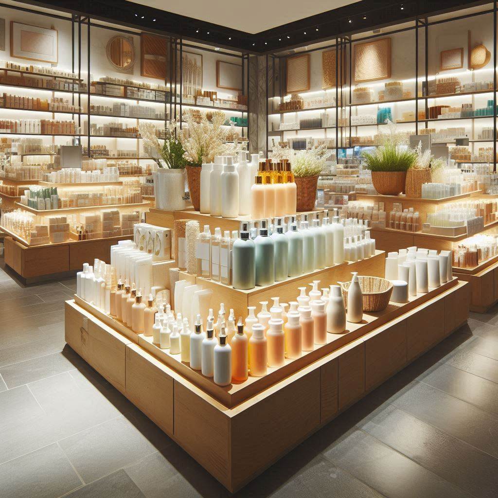 Rayon de magasin épuré et éclairé de produits cosmétiques ; cosmétique pour pharmacies afrique ; réseau d'approvisionnement afrique ; fournisseur beauty shop afrique